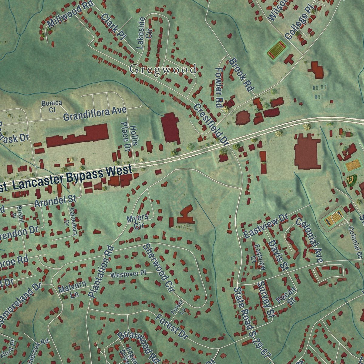 Second close-up of the map of Lancaster, South Carolina print showing more streets and buildings