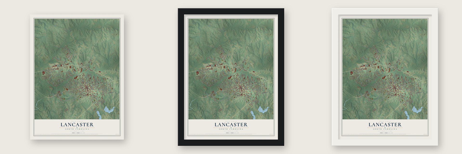 Lancaster, South Carolina map unframed, in a black wood frame and in a white wood frame