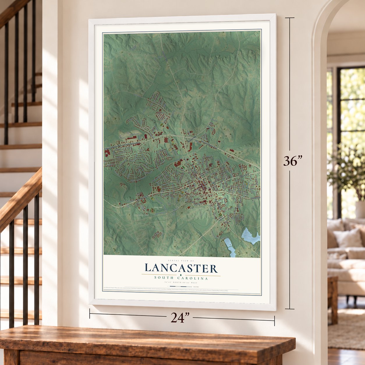 Lancaster, South Carolina map, 24 x 36 inch print in a white frame by a staircase