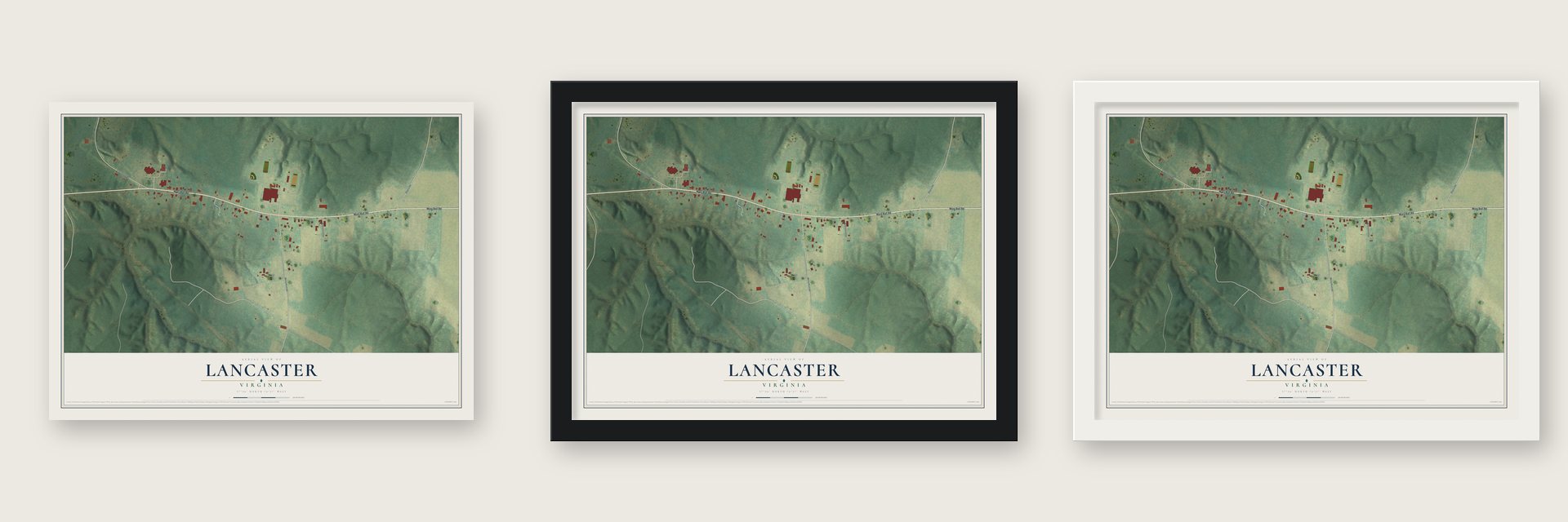Lancaster, Virginia map unframed, in a black wood frame and in a white wood frame