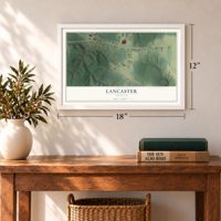 Lancaster, Virginia map, 12 x 18 inch print in a white frame in an entryway