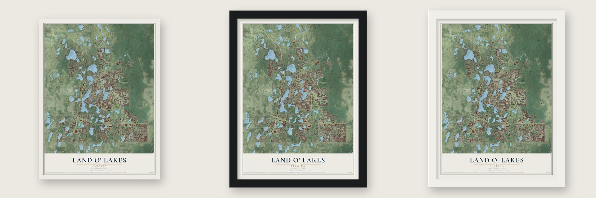 Land O' Lakes, Florida map unframed, in a black wood frame and in a white wood frame