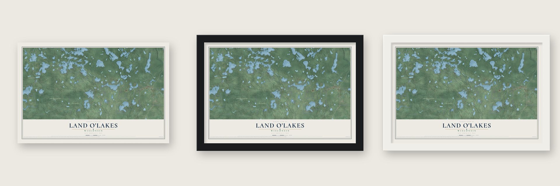 Land O'Lakes, Wisconsin map unframed, in a black wood frame and in a white wood frame