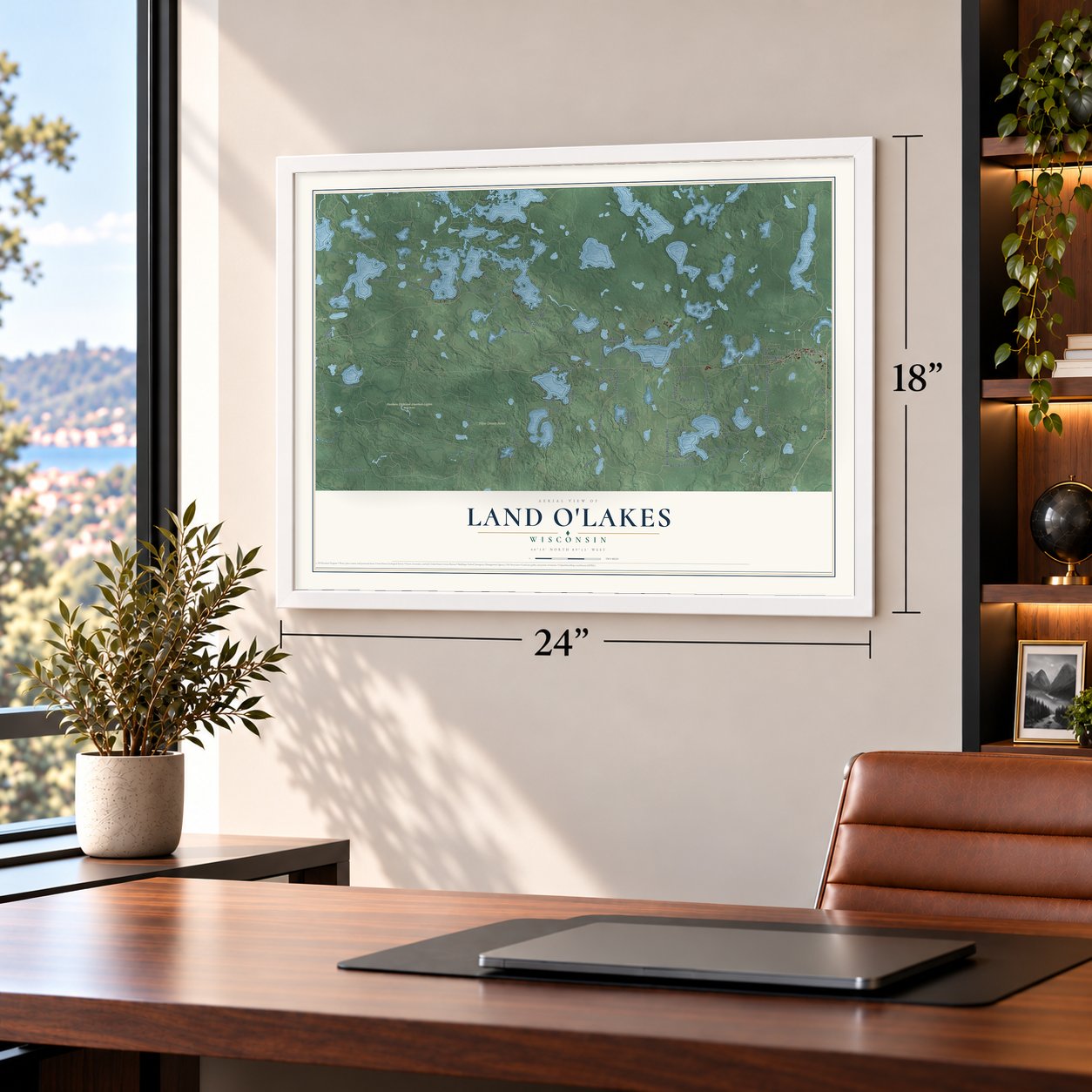Land O'Lakes, Wisconsin map, 18 x 24 inch print in a white frame in a home office