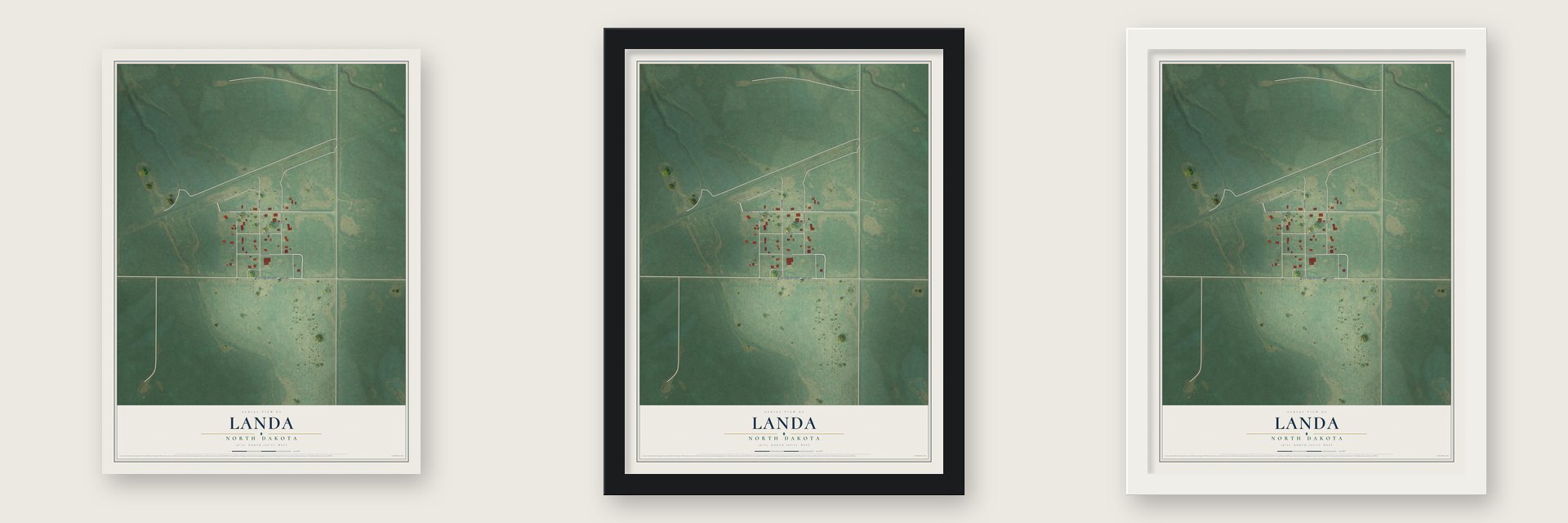 Landa, North Dakota map unframed, in a black wood frame and in a white wood frame