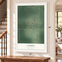 Landa, North Dakota map, 24 x 36 inch print in a white frame by a staircase