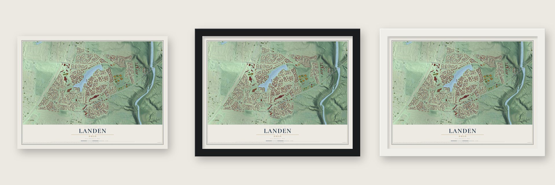 Landen, Ohio map unframed, in a black wood frame and in a white wood frame