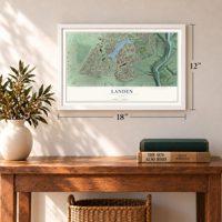 Landen, Ohio map, 12 x 18 inch print in a white frame in an entryway