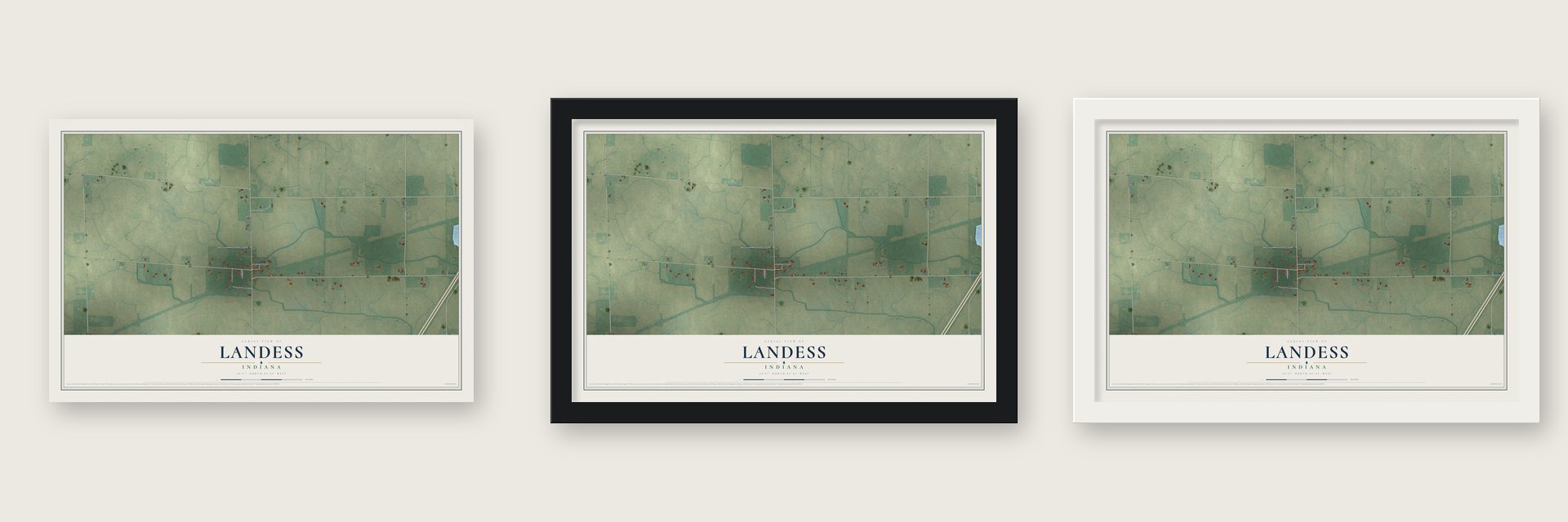 Landess, Indiana map unframed, in a black wood frame and in a white wood frame