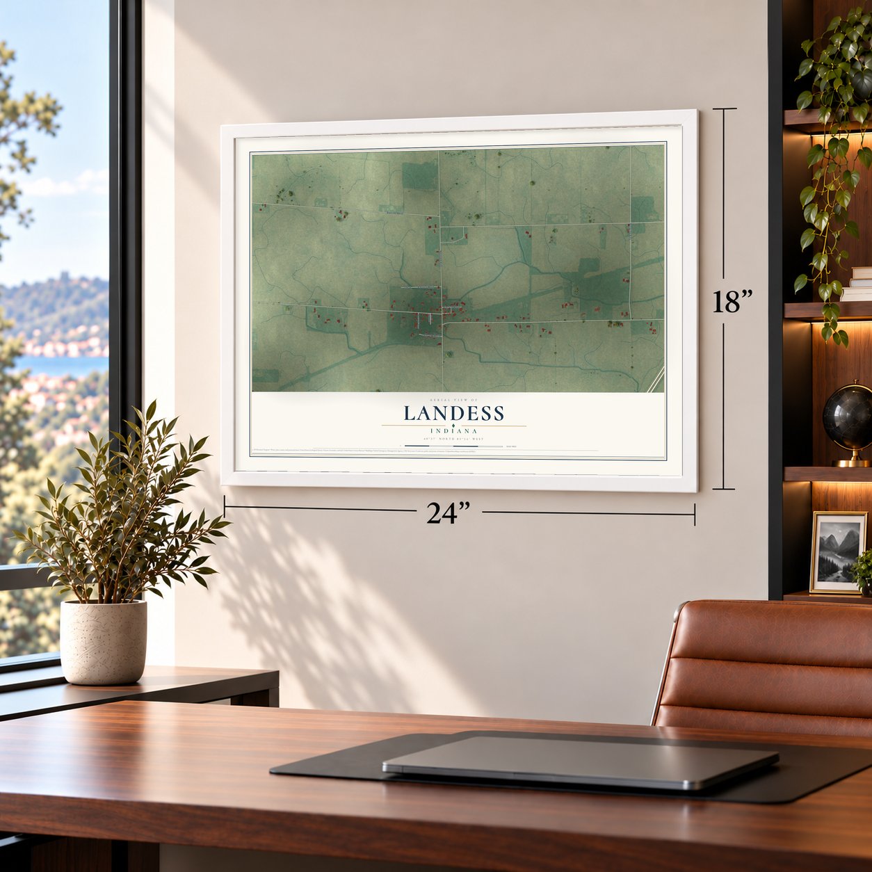 Landess, Indiana map, 18 x 24 inch print in a white frame in a home office