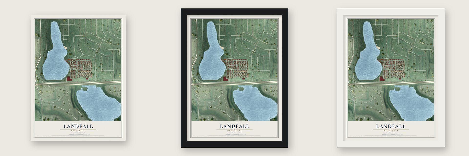 Landfall, Minnesota map unframed, in a black wood frame and in a white wood frame