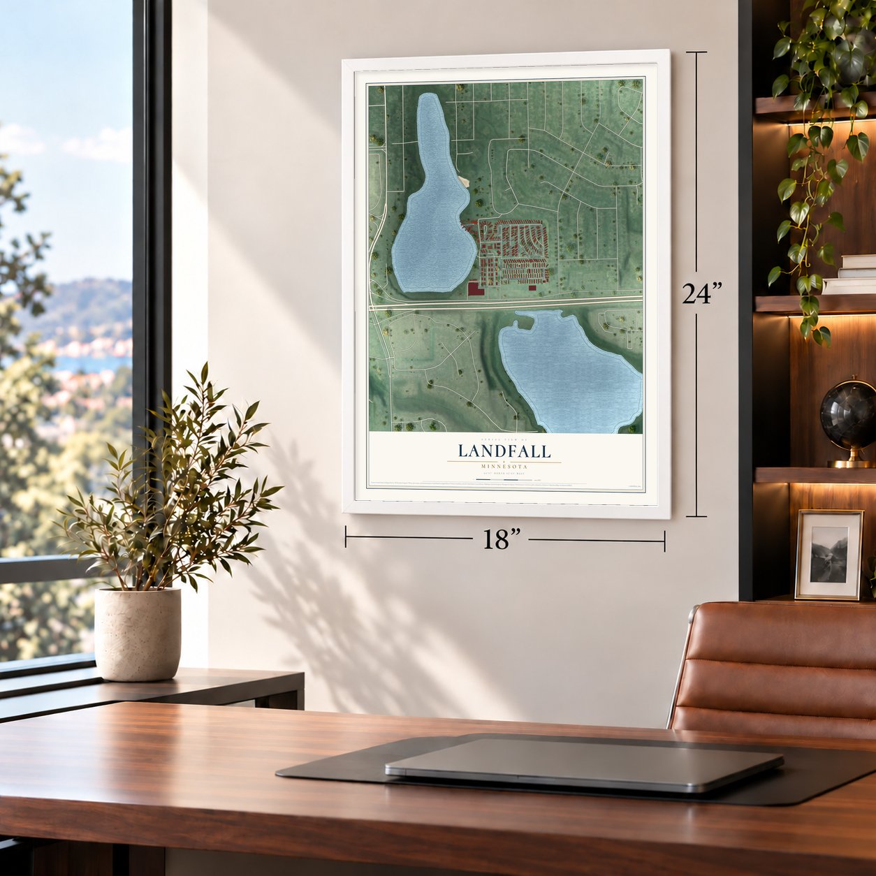 Landfall, Minnesota map, 18 x 24 inch print in a white frame in a home office
