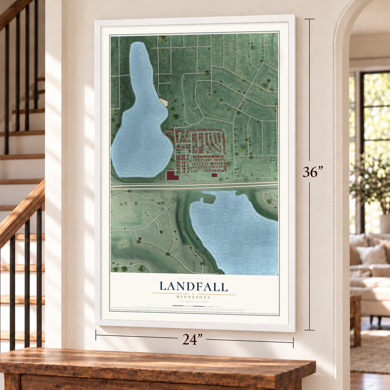 Landfall, Minnesota map, 24 x 36 inch print in a white frame by a staircase