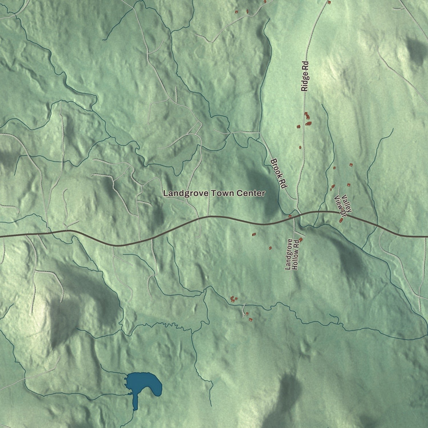 Close-up of the map of Landgrove, Vermont print showing terrain and local geography
