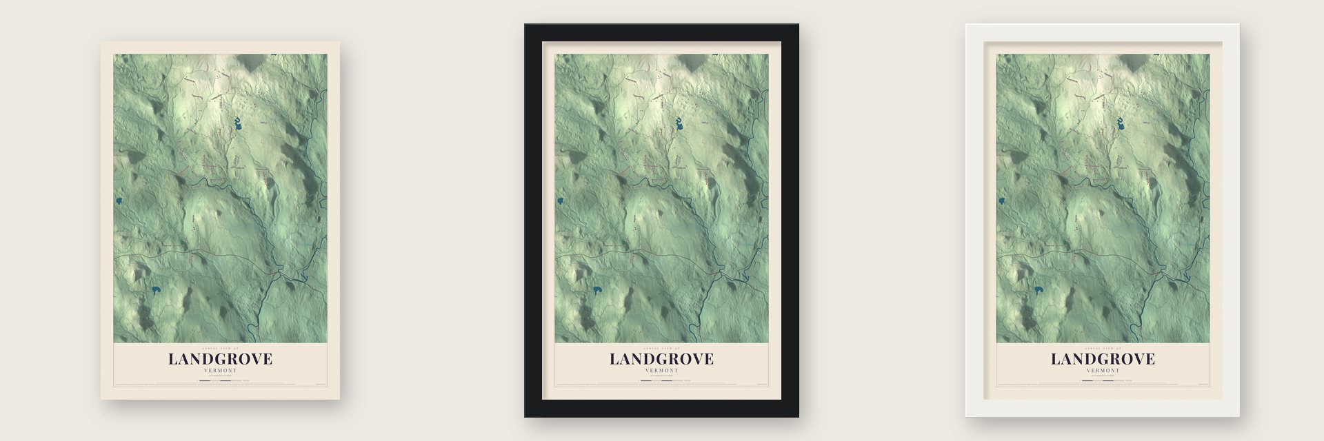 Landgrove, Vermont map unframed, in a black wood frame and in a white wood frame