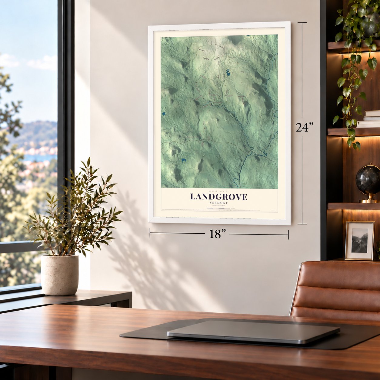 Landgrove, Vermont map, 18 x 24 inch print in a white frame in a home office