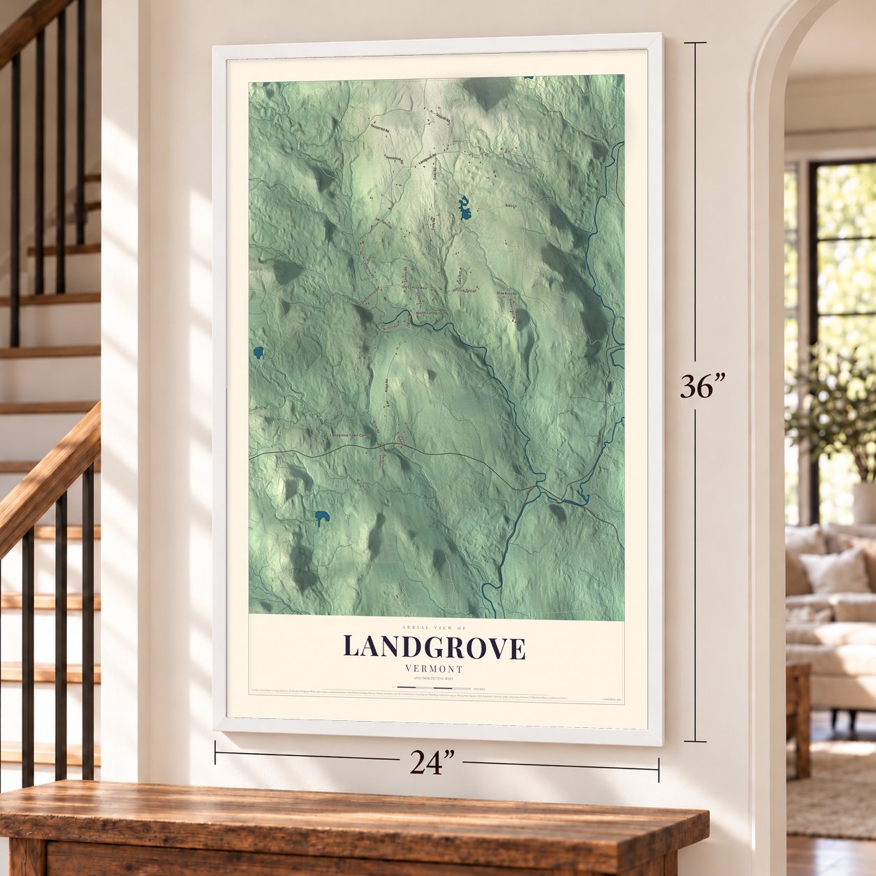 Landgrove, Vermont map, 24 x 36 inch print in a white frame by a staircase