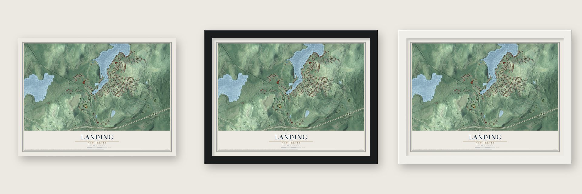Landing, New Jersey map unframed, in a black wood frame and in a white wood frame