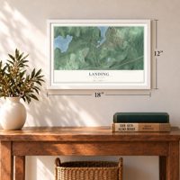 Landing, New Jersey map, 12 x 18 inch print in a white frame in an entryway