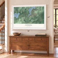 Landing, New Jersey map, 24 x 36 inch print in a white frame above a dresser by a staircase