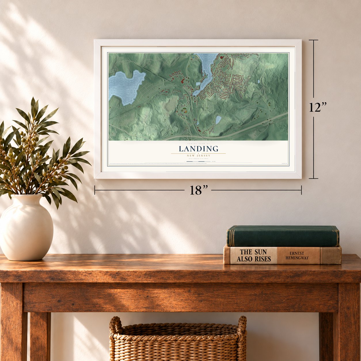 Landing, New Jersey map, 12 x 18 inch print in a white frame in an entryway