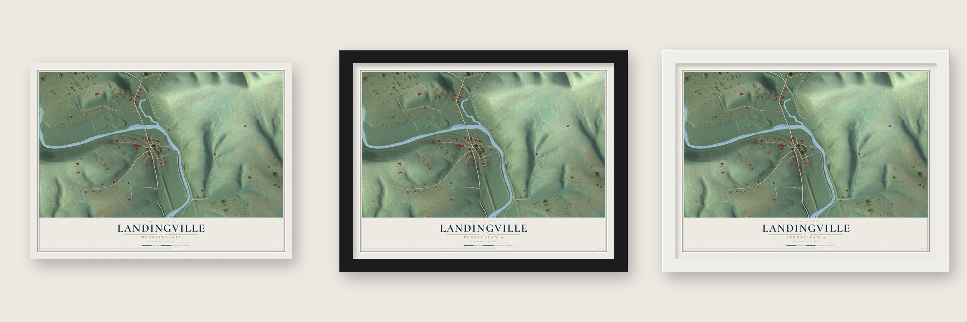 Landingville, Pennsylvania map unframed, in a black wood frame and in a white wood frame