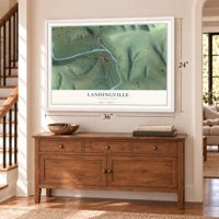 Landingville, Pennsylvania map, 24 x 36 inch print in a white frame above a dresser by a staircase