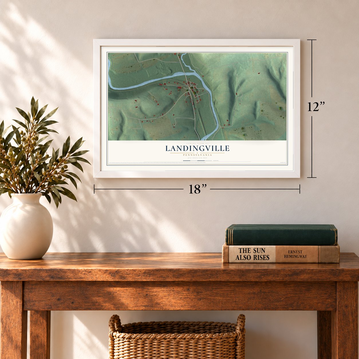 Landingville, Pennsylvania map, 12 x 18 inch print in a white frame in an entryway