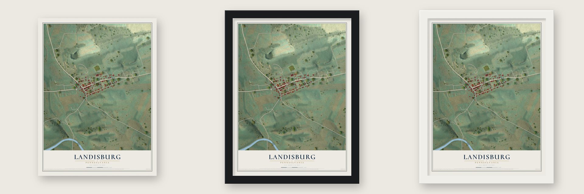 Landisburg, Pennsylvania map unframed, in a black wood frame and in a white wood frame