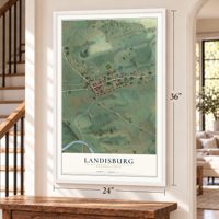 Landisburg, Pennsylvania map, 24 x 36 inch print in a white frame by a staircase