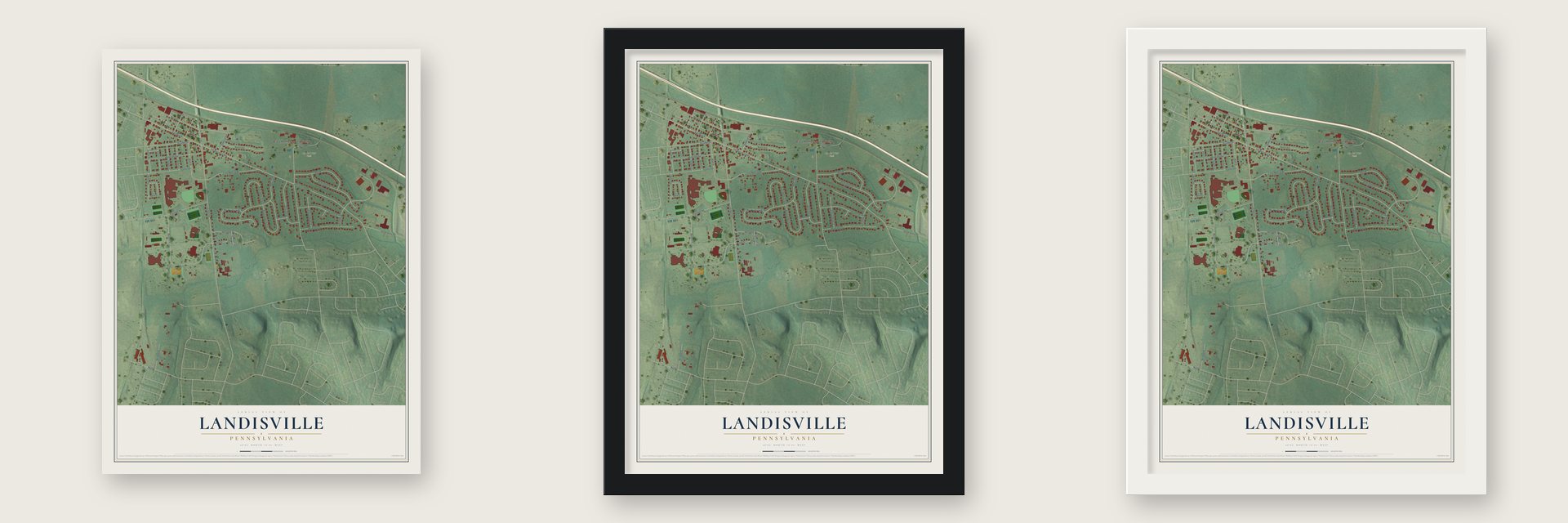 Landisville, Pennsylvania map unframed, in a black wood frame and in a white wood frame