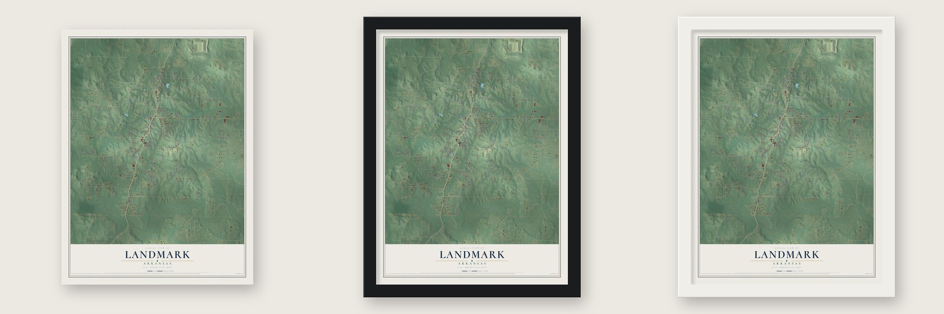 Landmark, Arkansas map unframed, in a black wood frame and in a white wood frame