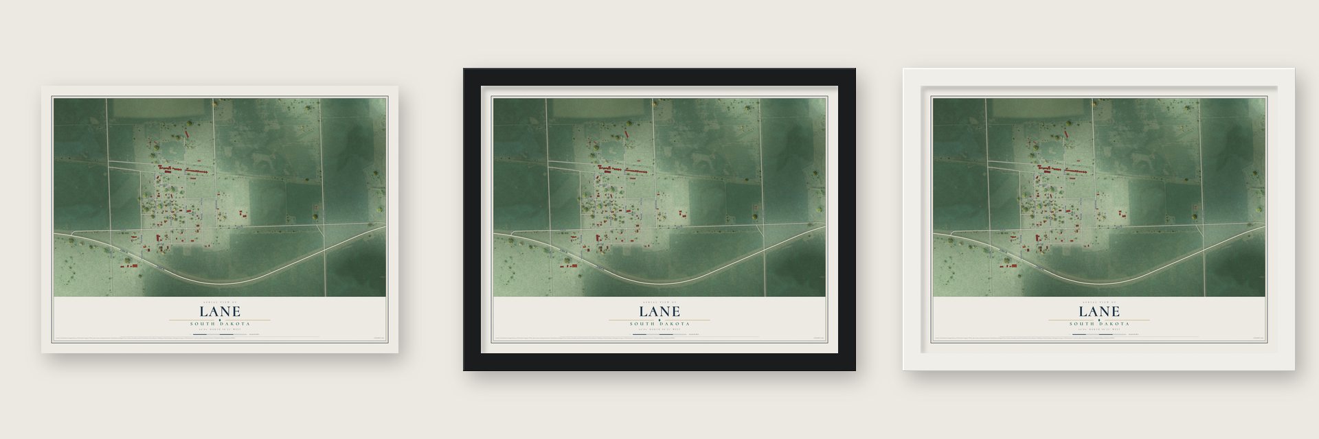 Lane, South Dakota map unframed, in a black wood frame and in a white wood frame