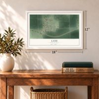 Lane, South Dakota map, 12 x 18 inch print in a white frame in an entryway