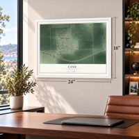 Lane, South Dakota map, 18 x 24 inch print in a white frame in a home office