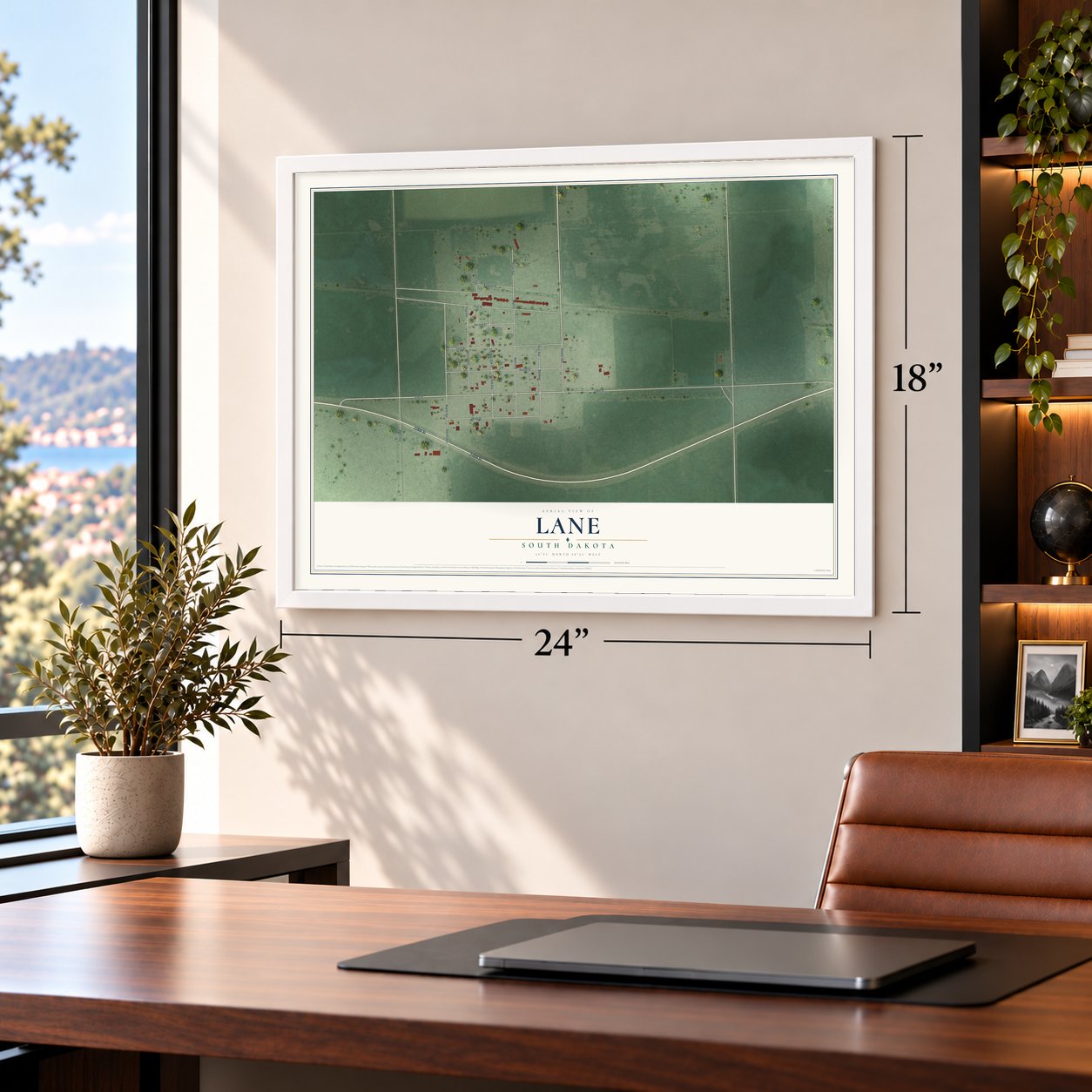 Lane, South Dakota map, 18 x 24 inch print in a white frame in a home office