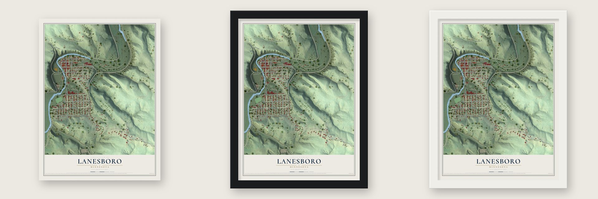 Lanesboro, Minnesota map unframed, in a black wood frame and in a white wood frame