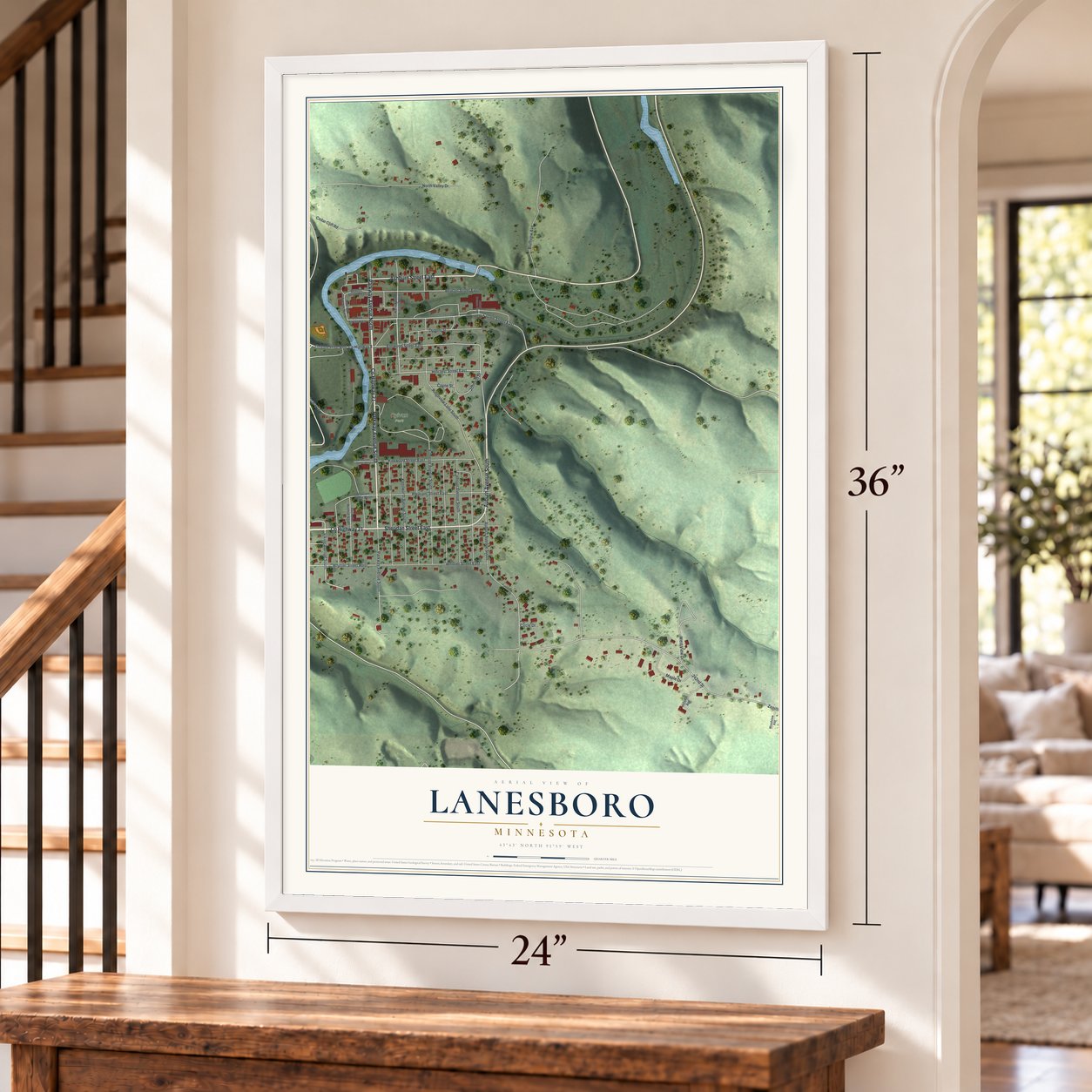 Lanesboro, Minnesota map, 24 x 36 inch print in a white frame by a staircase