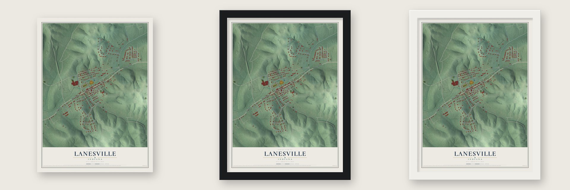 Lanesville, Indiana map unframed, in a black wood frame and in a white wood frame