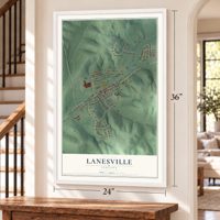 Lanesville, Indiana map, 24 x 36 inch print in a white frame by a staircase