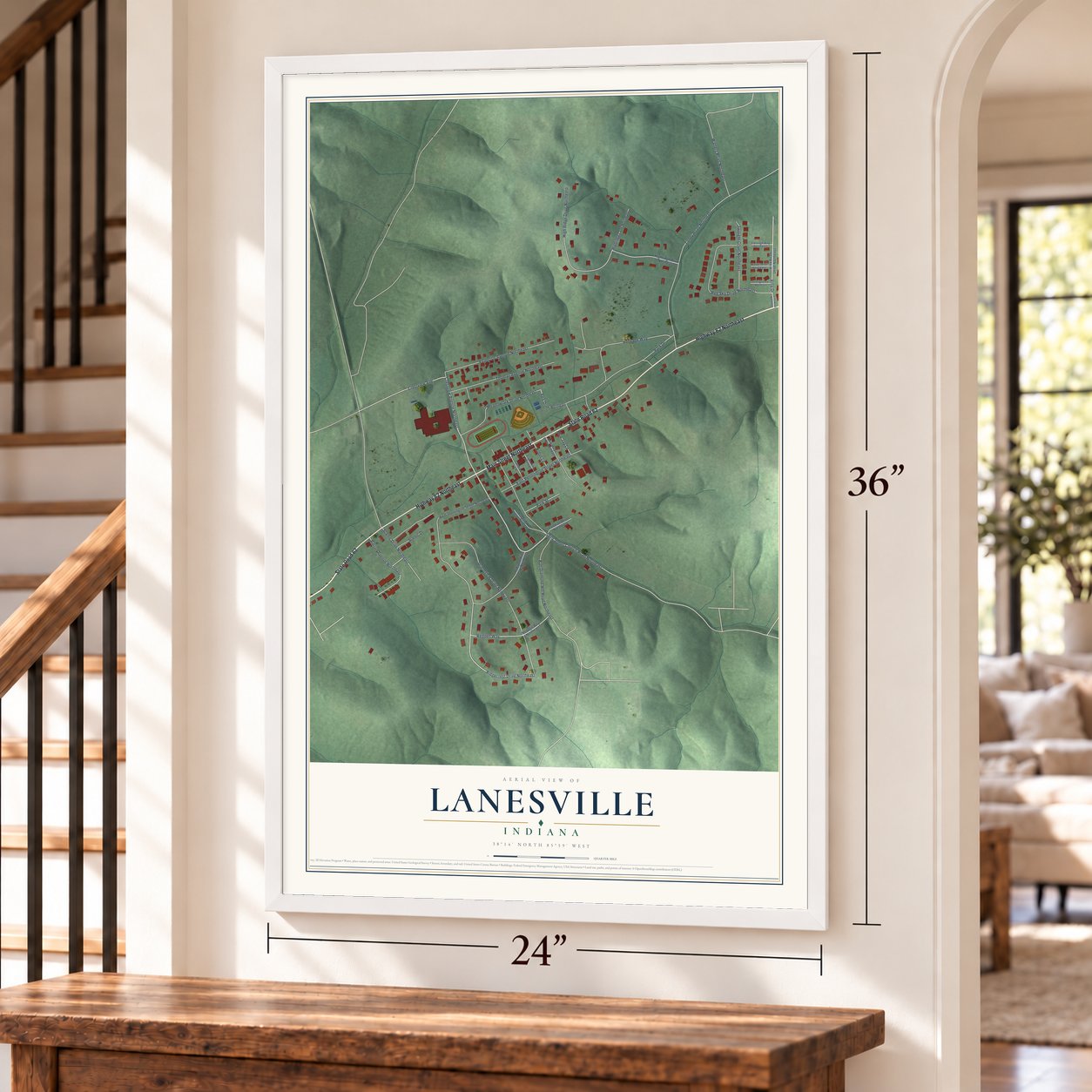 Lanesville, Indiana map, 24 x 36 inch print in a white frame by a staircase
