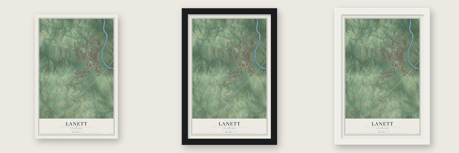 Lanett, Alabama map unframed, in a black wood frame and in a white wood frame