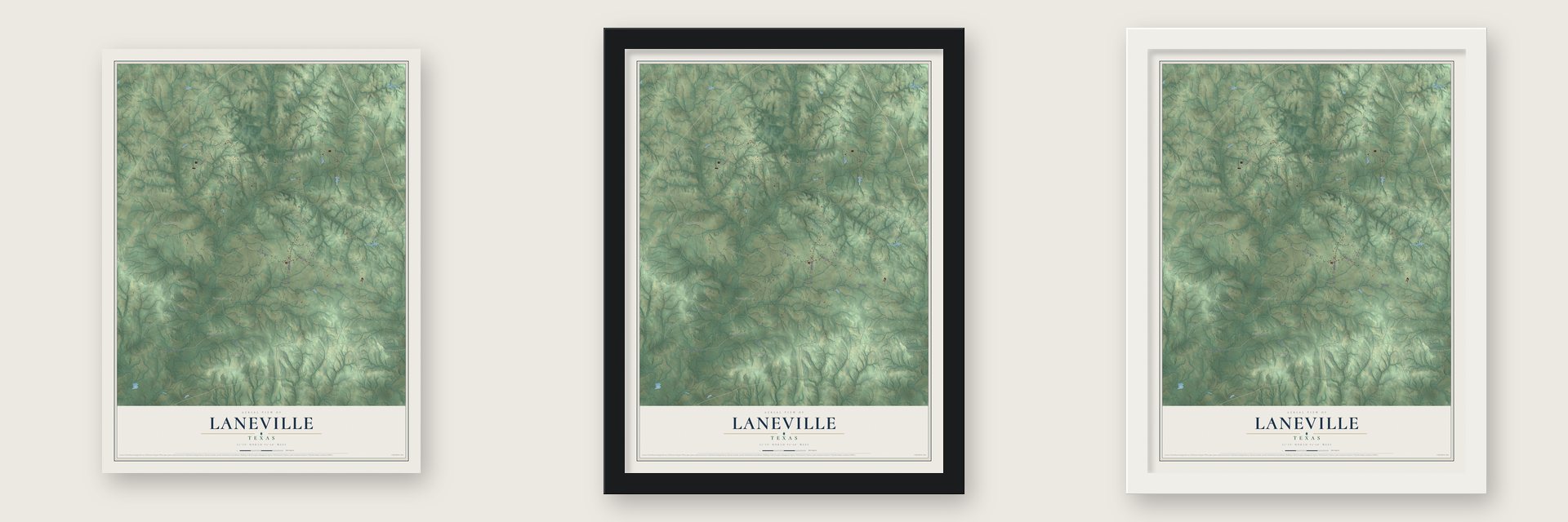 Laneville, Texas map unframed, in a black wood frame and in a white wood frame