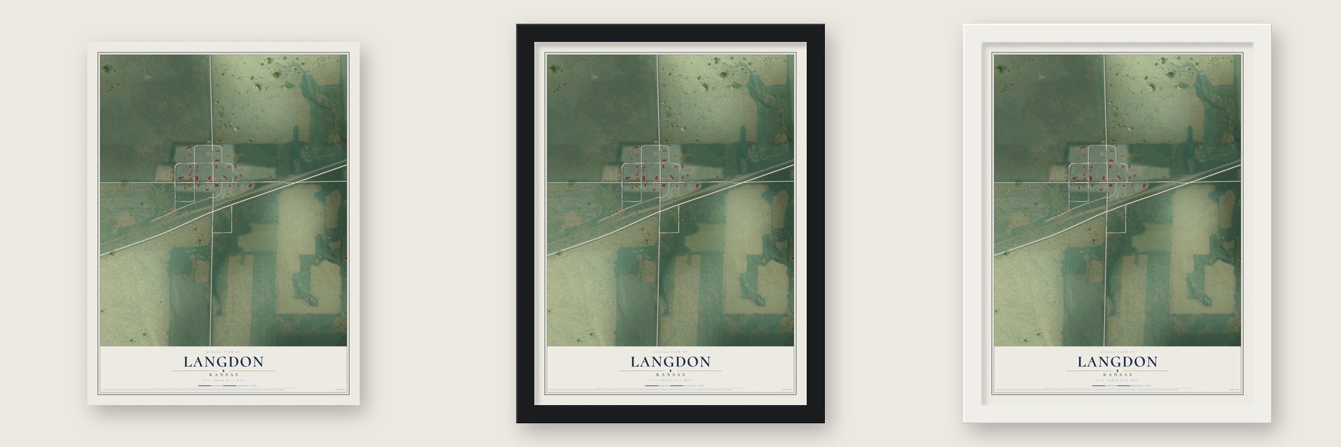 Langdon, Kansas map unframed, in a black wood frame and in a white wood frame
