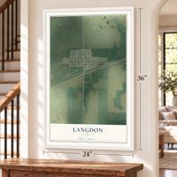 Langdon, Kansas map, 24 x 36 inch print in a white frame by a staircase