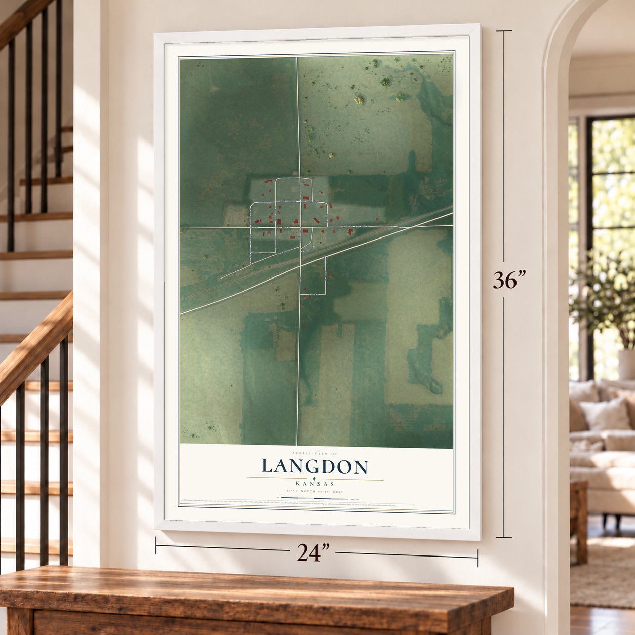 Langdon, Kansas map, 24 x 36 inch print in a white frame by a staircase