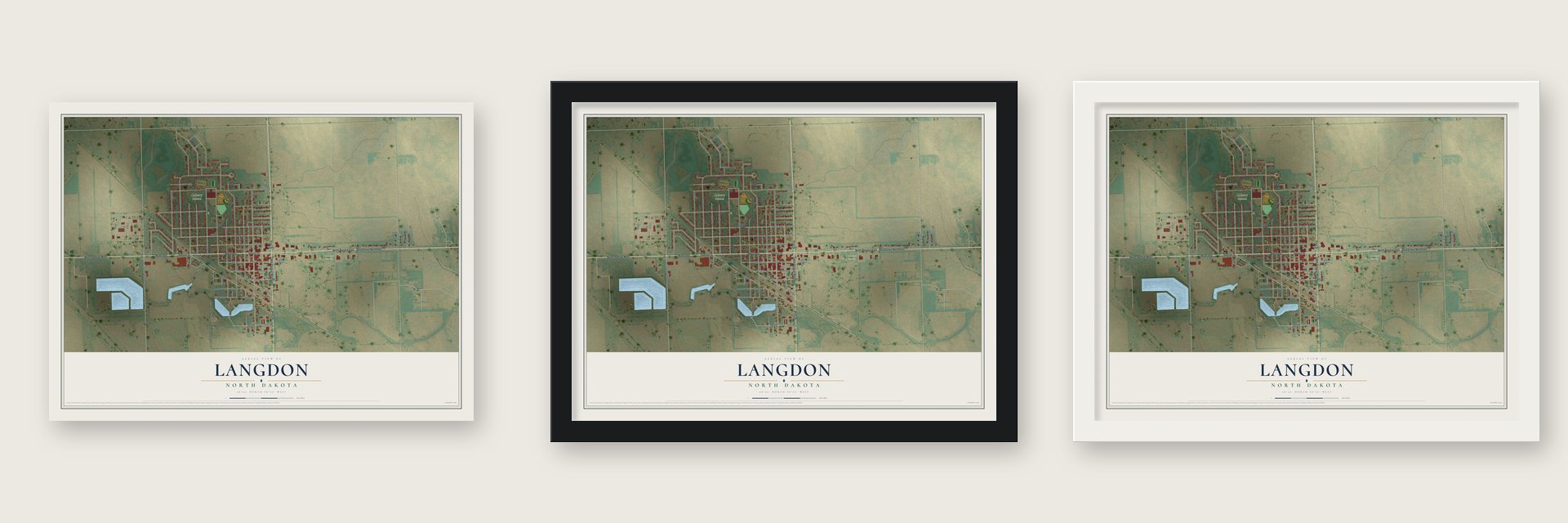 Langdon, North Dakota map unframed, in a black wood frame and in a white wood frame