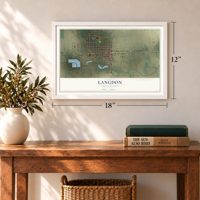 Langdon, North Dakota map, 12 x 18 inch print in a white frame in an entryway