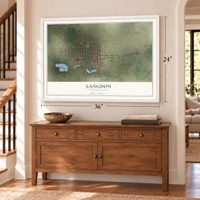 Langdon, North Dakota map, 24 x 36 inch print in a white frame above a dresser by a staircase