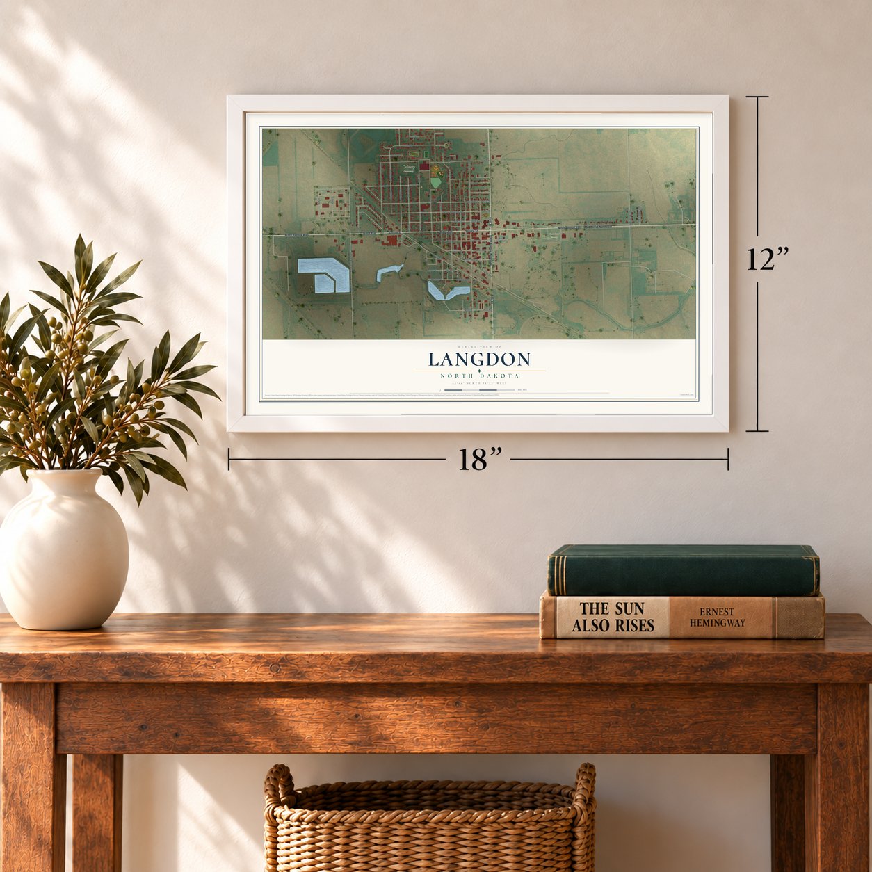 Langdon, North Dakota map, 12 x 18 inch print in a white frame in an entryway